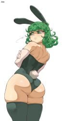 1girls angry angry_face ass athosart big_ass big_butt bunny_ears bunny_girl bunny_tail bunnysuit cute female gloves green_eyes green_hair leotard one-punch_man petite pout short_hair shortstack smaller_female solo standing tatsumaki thick_thighs thigh_gap thighhighs thighs tsundere white_background