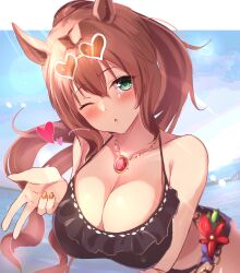 1girls 2021 absurdres akazawa_kureha animal_ears bangs bare_shoulders bikini black_bikini blowing_kiss blush breasts brown_hair cleavage collarbone eyewear_on_head female female female_focus female_only green_eyes heart heart-shaped_eyewear highres horse_ears horse_girl jewelry large_breasts long_hair looking_at_viewer maruzensky_(umamusume) necklace official_alternate_costume one_eye_closed open_mouth ponytail solo solo_female swimsuit umamusume