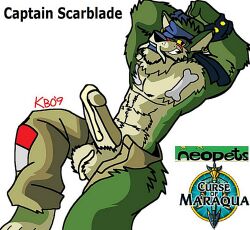 abs anthro bottomwear canid canine captain_scarblade clothed clothing genitals half-closed_eyes jumpstart_games looking_at_viewer lupe_(neopets) male male/male mammal narrowed_eyes neopet_(species) neopets open_bottomwear open_clothing open_pants pants penis pirate racthetmechanic smile smiling_at_viewer solo teeth video_games