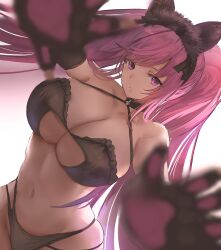 1girls absurdres animal_ears animal_hands azur_lane bikini black_bikini black_gloves blurry breasts cat_ears eyebrows_visible_through_hair fake_animal_ears female gloves highres la_galissonniere_(azur_lane) la_galissonniere_(black_cat_of_all_hallows'_eve)_(azur_lane) large_breasts liaowen light-skinned_female light_skin long_hair looking_at_viewer navel official_alternate_costume paw_gloves pink_eyes pink_hair simple_background solo swimsuit twintails vichya_dominion_(azur_lane) white_background