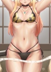 1girls armpits bikini blonde_hair bra breasts choker female finalcake gyaru kitagawa_marin long_hair measuring_tape necklace solo sono_bisque_doll_wa_koi_wo_suru standing thick_thighs thighs thong