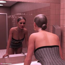 1girls 3d breasts clothed clothing dark-skinned_female dark_skin dress earrings female hoop_earrings large_breasts mirror public public_restroom reflection slushe_(website) standing str1ixx
