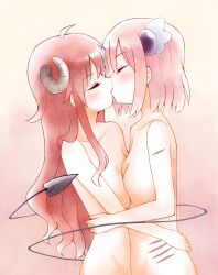 2girls ahoge blush breast_press breasts chiyoda_momo closed_eyes commentary completely_nude couple demon_girl demon_horns demon_tail female food-themed_hair_ornament hair_ornament highres horns hug kissing long_hair machikado_mazoku medium_breasts multiple_girls nude peach_hair_ornament pink_background pink_hair red_hair sakatsu_m scar short_hair simple_background symmetrical_docking tail tail_wrap yoshida_yuuko_(machikado_mazoku) yuri