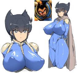 big_breasts black_eyes black_hair bodysuit cameltoe cloak clothed curvaceous getter_robo getter_robo_arc looking_at_viewer navel nipple_bulge rule_63 short_hair takuma_nagare thick_thighs thirty_8ght tomboy wide_hips