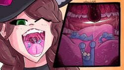 brown_hair demonkitty dorothea_arnault dorothea_arnault_(summer) fire_emblem fire_emblem:_three_houses fire_emblem_heroes giantess giantess_vore hat inside_mouth internal internal_view macro open_mouth oral_vore pov shrunken_person summer tongue uvula uvula_grab vore