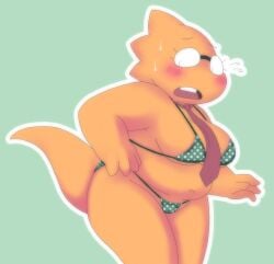 1girls 2020s 2022 2d adorable alphys alpi anthro anthro_only aruput aruput_ut belly big_breasts bikini bikini_bottom bikini_top blush bodily_fluids breasts buckteeth cameltoe chubby chubby_anthro chubby_female clothed clothing cute deep_navel eyewear female female_anthro female_only front_view frown glasses green_background green_bikini green_bikini_bottom green_bikini_top hi_res high_res humanoid lizard lizard_girl lizard_humanoid lizard_tail micro_bikini monster monster_girl navel neck_tie necktie necktie_between_breasts nervous non-mammal_breasts open_frown open_mouth polka_dot polka_dot_bikini portrait pussy reptile reptile_girl reptile_tail scales scalie shortstack simple_background skimpy slightly_chubby solid_color_background solo solo_anthro solo_female string_bikini sweat swimsuit swimwear tail teeth thick_tail thick_thighs three-quarter_portrait three-quarter_view undertale undertale_(series) wide_hips yellow_body yellow_scales yellow_skin