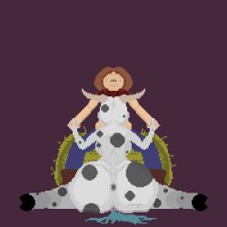 2d 2d_animation animated anthro ass blowjob cow_horns cow_print cowboy_hat horns human_on_anthro implied_fellatio implied_oral larger_female pixel_animation pixel_art pussy_juice shoestrang sitting sucking unconscious