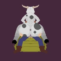 1boy 1boy1girl 1girls 2d 2d_animation animated ass big_ass bovine bovine_humanoid cowgirl_position domination female_on_top gif human_on_anthro pixel_animation pixel_art ride shoestrang snu-snu spotted_body spotted_fur wet_pussy