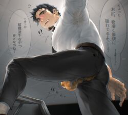 armpits ass balls bara beard black_hair blush blushing bulge chin_beard facial_hair formal highres isuke male_focus male_only muscular muscular_male original panties speech_bubble suit sweat tight underwear wet wet_clothes wet_shirt yaoi