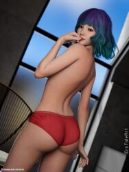 1girls 3d artist_name blue_hair depth_of_field erotales female female_only indoors large_breasts looking_back no_bra original original_character pinup red_pants shirtless slushe_(website) solo topless yunnie_(erotales)