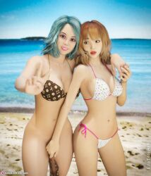 2girls 3d beach bikini bottomless depth_of_field erotales female female_only holding_hands mindy_(erotales) multiple_girls original original_character outdoor outdoor_nudity outdoors peace_sign slushe_(website) standing yunnie_(erotales) yuri