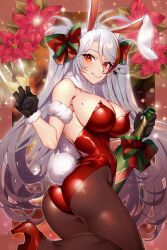 1girls 2021 animal_ears ass azur_lane breasts brown_gloves bunny_ears bunnysuit champagne_bottle champagne_flute christmas cleavage cup drinking_glass fake_animal_ears fake_tail female female_focus female_only flower gloves hair_ribbon high_heels highleg highleg_leotard highres leotard long_hair looking_at_viewer mimiko_(fuji_310) mole mole_on_breast pantyhose playboy_bunny prinz_eugen_(azur_lane) purple_flower rabbit_ears rabbit_tail red_eyes red_footwear red_hair red_leotard ribbon smile solo solo_female tail very_long_hair white_hair