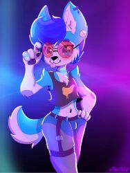 1boy :p blue_eyes blue_fur blue_hair blue_panties diamond_ring drilling femboy gay green_blouse green_eyes happy joey_wolfhound(joey_wolf) leg_belt pantyhose purple_sunglasses sunglasses white_fur wolf_boy wolf_ears wolf_tail