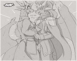 2022 anthro anthro_on_anthro avalon_(zerofox1000) big_penis blush bulge clothing crown dialogue dragon drake_(zerofox) duo english_text fangs fist furgonomics genital_outline genitals grinding hair hi_res long_hair looking_at_another looking_down male male/male motion_lines onomatopoeia open_mouth penis penis_outline prehensile_wings scalie shirt sound_effects standing text topwear western_dragon zerofox1000