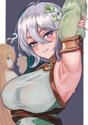 2girls alternate_breast_size armpits arms_behind_head big_breasts breasts busty grey_hair kokkoro_(princess_connect!) large_breasts looking_at_viewer loooyd orange_hair pecorine pose princess_connect! princess_connect!_re:dive seductive seductive_smile short_hair smile