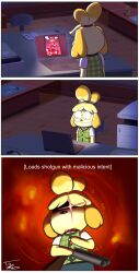 animal_crossing anthro canine comic computer doom double-barreled_shotgun electronics female firearm funny funny_face isabelle_(animal_crossing) laptop nintendo shotgun tohilewd weapon