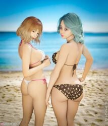 2girls 3d beach bikini blue_hair depth_of_field erotales female female_only hand_on_hip light_brown_hair looking_at_viewer looking_back medium_hair mindy_(erotales) multiple_girls original original_character outdoor outdoors pinup slushe_(website) standing yunnie_(erotales)