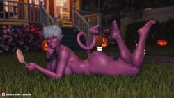 1girls 3d cross_earrings demon demon_girl demon_tail depth_of_field earrings elf_ears female female_only gray_hair grey_hair halloween horns large_breasts lexx228 lollipop long_tail looking_at_viewer nude nude_female outdoor outdoor_nudity outdoors outside pinup pointy_ears purple_body purple_skin slushe_(website) smile solo solo_female tail white_hair