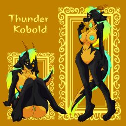 adkindragon anthro breasts claws dragon electric fangs female female/female fire hi_res horn humanoid jaw kobold lizard open_mouth reptile scalie sea solo thunder volcano water yellow_body yellow_theme