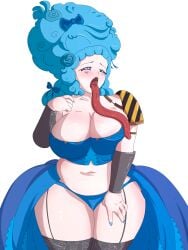 bbw big_breasts blue_eyes blue_hair blush corset dress fangs female garter_straps lingerie long_tongue overweight plump pouf snake_eyes thick_thighs thighhighs wide_hips