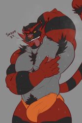 anthro arm_behind_head arm_up armpit armpit_hair balls bara boner darkbearcave erection erection_under_clothes furry gay hairy incineroar male male_only muscles muscular musk nintendo penis pokemon solo solo_male sweaty tongue_out