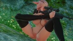 big_breasts cat_ears cat_tail catgirl feet final_fantasy final_fantasy_xiv foot_fetish foot_play gpose(ffxiv) gun legwear miqo'te pink_eyes pink_hair pubic_hair pussy shiori_rosebrace sniper sniper_rifle socks srosebrace toeless_legwear