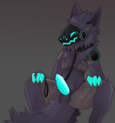 absurd_res anthro balls blush blush_lines claws erection fur genitals hi_res leash_and_collar machine male penis protogen simple_background solo soul xenofur