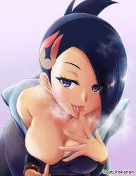 1girls bangs big_breasts blue_eyes blue_hair breasts breasts_out busty cleavage clothed clothed_female clothes clothing color eyes_visible_through_hair finger_on_tongue hair_over_one_eye large_breasts leaning leaning_forward looking_at_viewer mai_(pokemon_legends) mole mole_under_mouth naughty_face pokemon pokemon_legends:_arceus saliva saliva_trail short_hair simple_background sole_female steam teasing tongue tongue_out top_pull yatuhakanan yone_(pokemon)