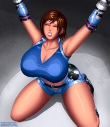 1girls armpits arms_up artist_name artist_signature artist_website bandai_namco belly belly_button belt black_belt blue_shorts blue_tank_top blue_topwear blush bondage boots bound bound_wrists breasts brown_hair bursting_breasts busty captured chained_up chained_wrists chains cleavage clenched_teeth closed_eyes collarbone crop_top cropped_shirt cropped_tank_top cropped_top cropped_topwear deviantart deviantart_username elbow_gloves elbow_pads eyebrows eyelashes eyeliner female female_focus gloves gumroad gumroad_username hi_res high_resolution highres huge_breasts kazama_asuka kneeling lips lipstick makeup mascara navel pads patreon patreon_username pink_lips pink_lipstick restrained shiny shiny_body shiny_clothes shiny_hair shiny_skin short_hair shorts sleeveless sleeveless_shirt solo svoidist tank_top teeth tekken thick_thighs thighs top_heavy url voluptuous white_footwear white_gloves