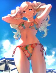 1girls ann_takamaki armpits atlus bare_arms bare_shoulders beach bikini blonde_hair blue_eyes breasts_apart earrings female from_below jewelry light-skinned_female light_skin medium_breasts midriff nekobayashi_(nekoforest) outdoors outside persona persona_5 side-tie_bikini solo stomach stretching string_bikini swimsuit thighs twintails wrist_scrunchie