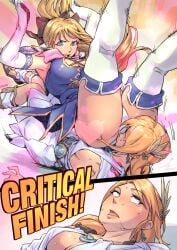 2girls ass big_ass big_breasts blonde_hair blue_eyes breasts butt_attack cassandra_alexandra catfight cleavage defeated eyes_rolling_back facesitting female female_only inner_sideboob jelly_shrimp light-skinned_female long_hair milf multiple_girls namco panties rolling_eyes sisters sophitia_alexandra soul_calibur thick_thighs thighhighs