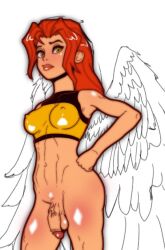 1futa areolae balls bottomless breasts clothed clothing dc dc_comics erect_nipples fit_futanari flaccid flaccid_penis futa_only futanari green_eyes hawkgirl human intersex light-skinned_futanari light_skin lowres no_bra partially_clothed penis red_hair sen-kg shayera_hol solo standing tank_top wings