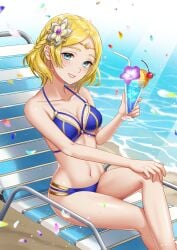 1girls absurdres alternate_costume bare_legs beach beach_chair bikini blonde_hair blue_bikini blue_eyes blue_swimsuit braid breasts circlet cleavage commission crossed_legs drink female female_only fire_emblem fire_emblem_warriors flower grin hair_flower hair_ornament hairpin hand_on_leg highres iria_(yumeirokingyo) lianna_(fire_emblem) lips long_legs md5_mismatch midriff nintendo ocean petals princess short_hair sitting smile solo stomach sunflower sunflower_hair_ornament swimsuit tiara tropical_drink water