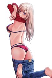 1girls applekun ass ass_focus back back_view barefoot bikini bikini_under_clothes blonde_hair blue_eyes clothes_lift clothes_pull denim fate/grand_order fate_(series) feet female female_ass from_behind jeans large_breasts light-skinned_female light_skin miyamoto_musashi_(fate) miyamoto_musashi_(swimsuit_berserker) pants_pull shirt_lift sideboob solo string_bikini stripes swimsuit toes type-moon undressing vertical-striped_swimsuit vertical_stripes