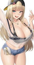 1girls backwards_baseball_cap bandaid_on_nose big_breasts blonde_hair blue_eyes booty_shorts breasts centi_(nikke) centi_(supreme_holiday)_(nikke) cleavage denim_shorts female female_only goddess_of_victory:_nikke huge_breasts jean_shorts kuronerinka light-skinned_female looking_at_viewer navel short_shorts shorts smile thick_thighs tight_shorts