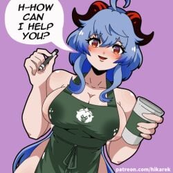 1girls animated apron areola_slip areolae_peeking bare_shoulders big_breasts blue_eyebrows blue_hair blush breasts cleavage curvy english_text eyebrows_visible_through_hair female female_focus ganyu_(genshin_impact) genshin_impact hikarek holding_object horns iced_latte_with_breast_milk lactating lactation lactation_through_clothes large_breasts long_hair looking_at_viewer marker meme naked_apron nude_apron orange_hair pink_background question speech_bubble standing starbucks text very_long_hair wide_hips