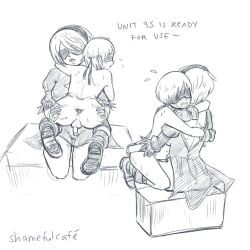 1boy anus ass ass_grab backsack balls blindfold clothed clothing english_text female female hairband male monochrome nier:_automata nude nude_male penis shamefulcafe sketch small_penis smaller_male testicles_clench text white_hair yorha_2b yorha_9s