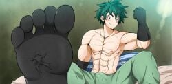 1boy abs bulge clothing_entrapment feet foot_fetish giant green_hair inside_sock izuku_midoriya kuroshinki macro male male_focus male_only muscular muscular_male my_hero_academia size_difference sock socks