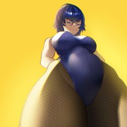 1girls atlus blue_hair bunnysuit embarrassed fishnets okaimikey persona persona_4 shirogane_naoto short_hair solo viewed_from_below