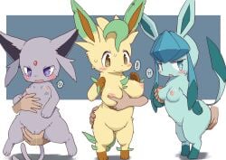 ! ambiguous_gender ass better_version_at_source blush bodily_fluids breast_grab breasts brown_eyes butt_grab disembodied_hand eeveelution espeon female female/ambiguous feral fur furry genital_fluids genitals glaceon green_body green_eyes green_fur group hand_on_breast hand_on_butt hi_res human human_on_feral interspecies koorinezumi leafeon mammal nintendo nipples nude peeing poképhilia pokemon pokemon_(species) purple_body purple_eyes purple_fur pussy semi-anthro shaded shadow tan_body tan_fur urine video_games