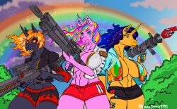 black_body blue_hair breasts christomwow fabio_sparklemane_(fortnite) fortnite guns horse pink_skin rainbow red_eyes rocket_launcher rule_63 sharp_teeth shorts sparkle sparkles unicorn unicorn_horn unzipped weapon yellow_body