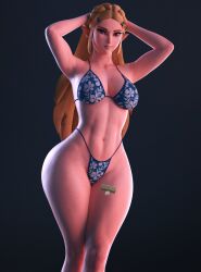 1girls 3d artist_logo athletic bikini black_background blonde_eyebrows blonde_hair blue_eyes breasts breath_of_the_wild female female_only hands_behind_head light_reflection_(character) long_hair pale-skinned_female princess_zelda solo solo_female swimsuit the_legend_of_zelda thighs tropical_bikini wotm8h8 zelda_(breath_of_the_wild)