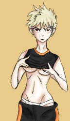 blonde_hair breasts clothing female female_bakugou female_only katsuki_bakugou looking_at_viewer my_hero_academia red_eyes rule_63 short_hair solo spiky_hair