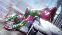 3d 3d_(artwork) bed bedroom breasts bungie destiny_(game) destiny_(video_game) destiny_2 exo glowing glowing_eyes laying laying_on_back laying_on_bed looking_at_viewer nipple_bulge nipples robot robot_girl robot_humanoid sonicfreak stockings thighhighs