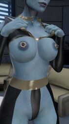 1girls 3d asari blender blue_skin breasts chaps clothing elbow_gloves female heels high_heels mass_effect morinth nipple_piercing nipples raised_clothing raised_shirt rogat17 solo tagme tight_clothing