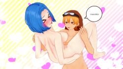 1boy 1boy1girl 1girls 3d 3d_model aviator_cap blonde_hair blue_hair blush blush_lines brown_eyes canon_couple cunnilingus danganronpa_another fanganronpa goggles goggles_on_head iranami_satsuki kobashikawa_haruhiko koikatsu koikatsu_(medium) male/female multicolored_background oral_sex straight toony_face