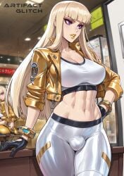 abs ai_generated artifactglitch bangs big_breasts blonde_hair bracelet bulge bulge_under_clothes costume crop_top cropped_jacket dickgirl futanari gloves head_tilt jacket k/da_all_out_series k/da_series kai'sa league_of_legends legs legs_crossed lipstick long_hair makeup nipples nipples_visible_through_clothing prestige_skin riot_games thick_ass thick_thighs tight_clothing violet_eyes watermark