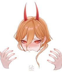 2girls chainsaw_man commentary cross-shaped_pupils hair_between_eyes highres horns hotokeshiz long_hair meme multiple_girls negative_space negative_space_cunnilingus_(meme) power_(chainsaw_man) red_eyes red_horns signature symbol-shaped_pupils yuri