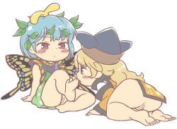 2girls anonymous_(japanese) antennae aqua_hair barefoot black_headwear blonde_hair blush blush_stickers brown_eyes butterfly_wings closed_mouth dress eternity_larva fairy green_dress gyate_gyate hat jaggy_lines leaf leaf_on_head licking licking_foot long_hair multicolored_clothes multicolored_dress multiple_girls okina_matara orange_sleeves pussy short_hair short_sleeves single_strap tabard touhou transparent_background wide_sleeves wings yellow_eyes