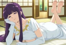 ai_generated anime anime_style artist_name ass barefoot blunt_bangs breasts closed_mouth collarbone dress elbow_gloves feet feet_up female fern_(sousou_no_frieren) frieren_beyond_journey's_end gloves hentai hi_res indoors large_breasts long_hair looking_at_viewer lying mystic_maidens on_stomach patreon patreon_username purple_eyes purple_hair short_sleeves sidelocks smile soles solo sousou_no_frieren the_pose toes underboob white_dress white_gloves